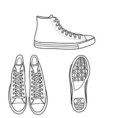 Pair of sneakers. Modern sports shoes with comfortable soles. Footwear designs. Flat vector illustration isolated on a white background
