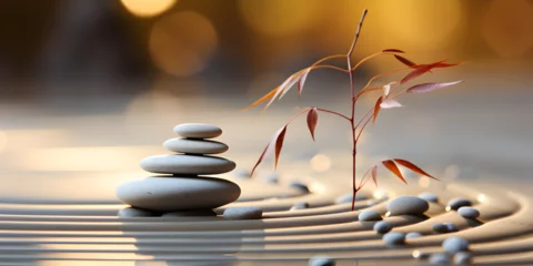 Foto auf Acrylglas Steine im Sand Zen stones on sand with sunlight