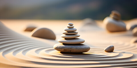 Zen stones on sand with sunlight