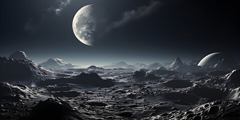 Surface of dark planet with moon in space - obrazy, fototapety, plakaty