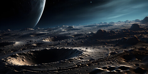Surface of dark planet with moon in space