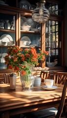 interior of a cafe with a vase of flowers in a vase