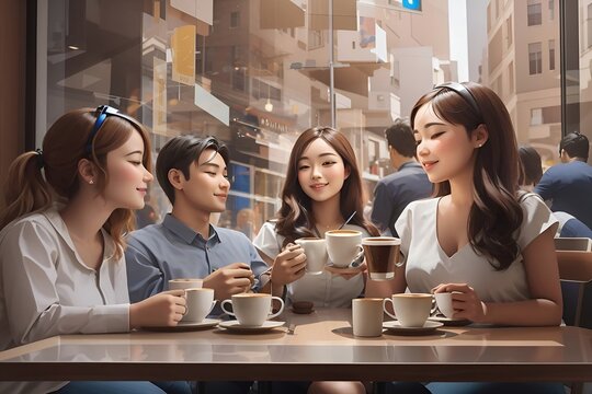 group of people in cafe,
group of people in coffee shop