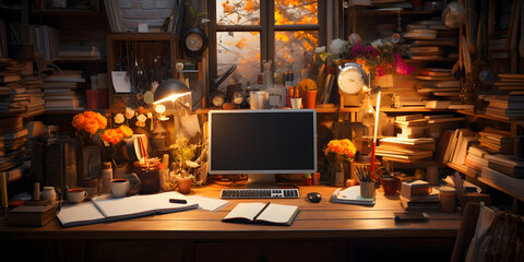 Messy desk with computer and stationery - Powered by Adobe