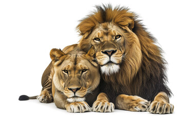 Fototapeta premium A majestic masai lion and lioness rest peacefully side by side, their powerful forms and luscious fur blending seamlessly as they embody the essence of wild beauty and love in the animal kingdom