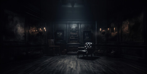 old abandoned room, luxury interior, dark room with dim lighting with a chair in the room