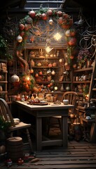 Christmas Decorations in a Rustic Wooden House. 3D Render