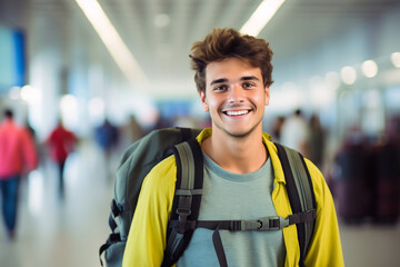 Fototapeta premium Happy Young Male Traveler with Backpack at Airport Terminal. Adventure and Travel Concept