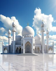 Realistic Blue Skies Over Iconic Mosque Structure, Generative AI