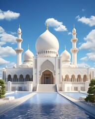 Fototapeta na wymiar Nostalgic Imagery of White Muslim Mosque Set Against Blue Sky,Generative AI
