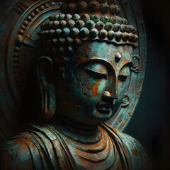 a 'Metal Buddha' rusty sculpture in the attitude of Nirvana. The sculpture emphasizes weathered textures and verdigris patina