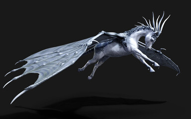 3d Illustration of a fantasy horse isolated on black background with clipping path. Wing of demon horse.