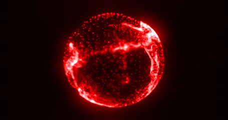 Abstract red glowing digital high-tech liquid futuristic energy blood plasma sphere with lines and particles on dark black background