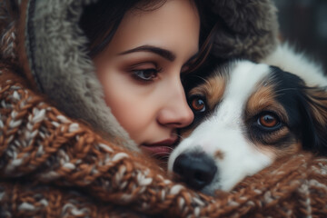 Pretty, young woman with her large dog on a lovely meadow, playing together