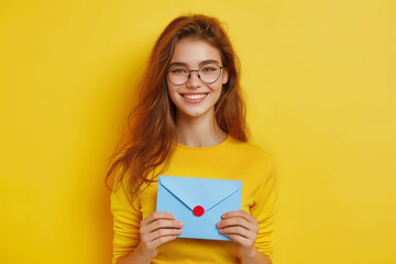 Happy cheerful smiling beautiful young woman standing and holding blue envelope.