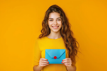 Happy cheerful smiling beautiful young woman standing and holding blue envelope. - obrazy, fototapety, plakaty