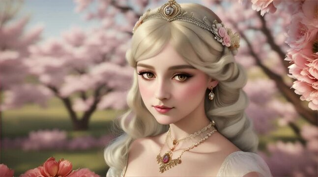 ピンクの花に囲まれた美しいプリンセス