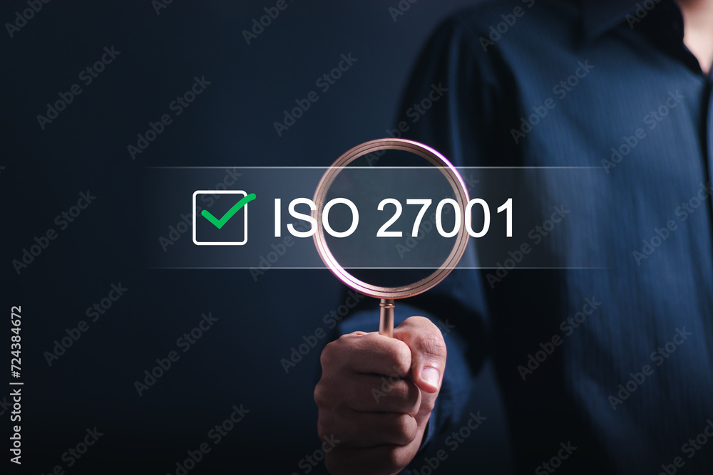 Wall mural iso 27001 concept. businessman choose iso 27001 for information security management system (isms). r