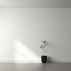 White empty minimalist room interior with vase on a wooden floor, decor on a large wall