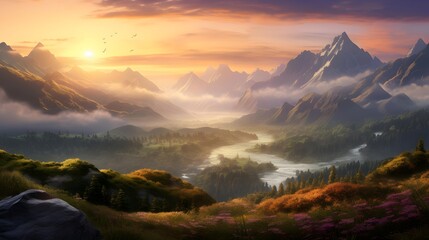 Panoramic view of alpine valley covered with fog at sunrise