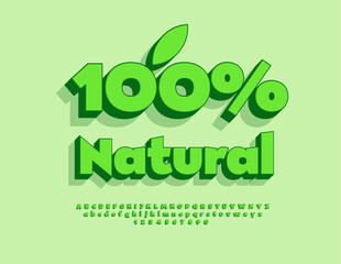 Vector eco template 100% Natural. Bright Green 3D Font. Trendy Alphabet Letters and Numbers set.