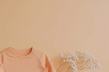 A shirt and white flowers on a peach background. mockup for clothing brand.