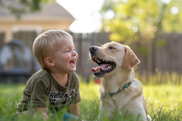 A little boy laughing and playing with dog in the garden