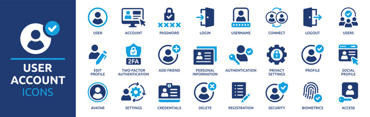 User account icon set. Containing profile, password, login, username, avatar, connect, add friend and more. Solid vector icons collection. - obrazy, fototapety, plakaty