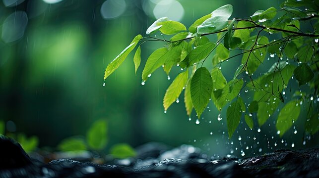 Rain in the Park, Wet Tree Branches and Leaves, Green Landscape on a Rainy Day, Nature Background, Natural Beauty Wallpaper, Outdoor Travel Hiking Camping Backdrop Concept