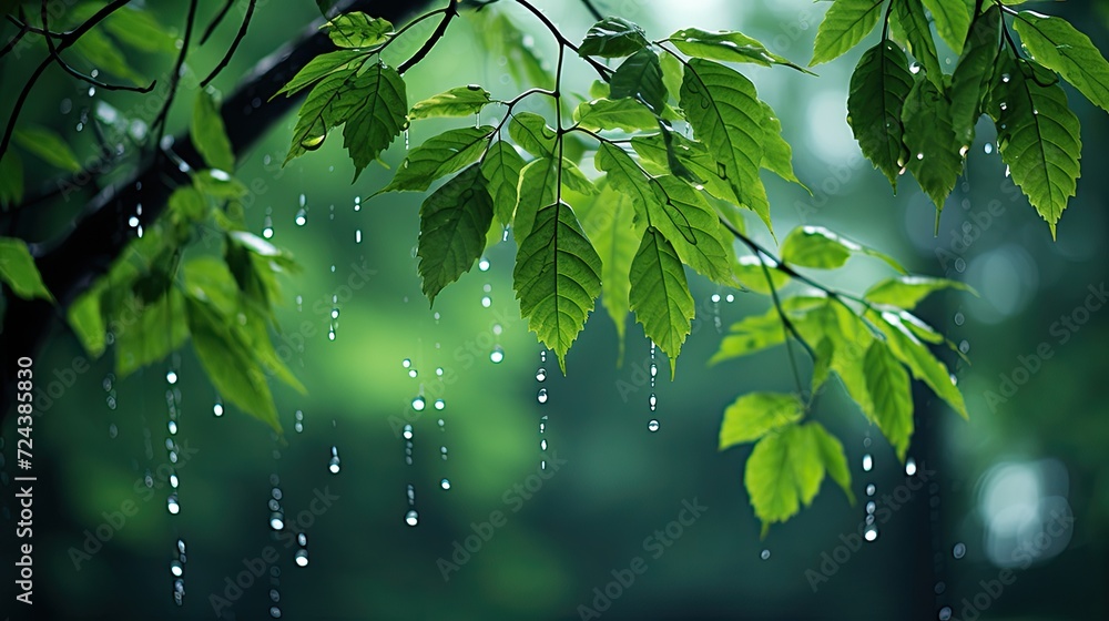 Wall mural rain in the park, wet tree branches and leaves, green landscape on a rainy day, nature background, n