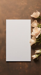 A Serene Greeting Card with Elegant White Roses and Rustic Brown Background, Generative AI