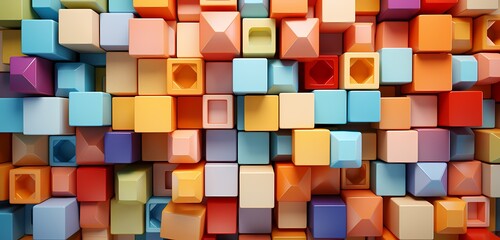 Top-down perspective of a mix of colorful toy blocks forming an abstract pattern, leaving open space for text on a pastel orange backdrop