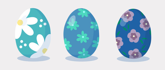 Easter eggs set. Happy Easter. Hand drawn. Blue Eggs with flowers. Vector illustration.