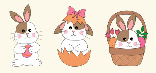 Easter Bunny Rabbits Set. Rabbit in basket, with Easter egg, sits in shell with bow. Happy Easter. Vector flat illustration.