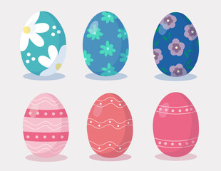 Easter eggs set. Happy Easter. Hand drawn. Blue Eggs with flowers, pink with abstract stripes and dots. Vector illustration.