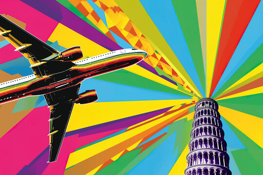 Pisa leaning tower and plane illustration pop art cartoon postcard colorful, travel Italy Europe	