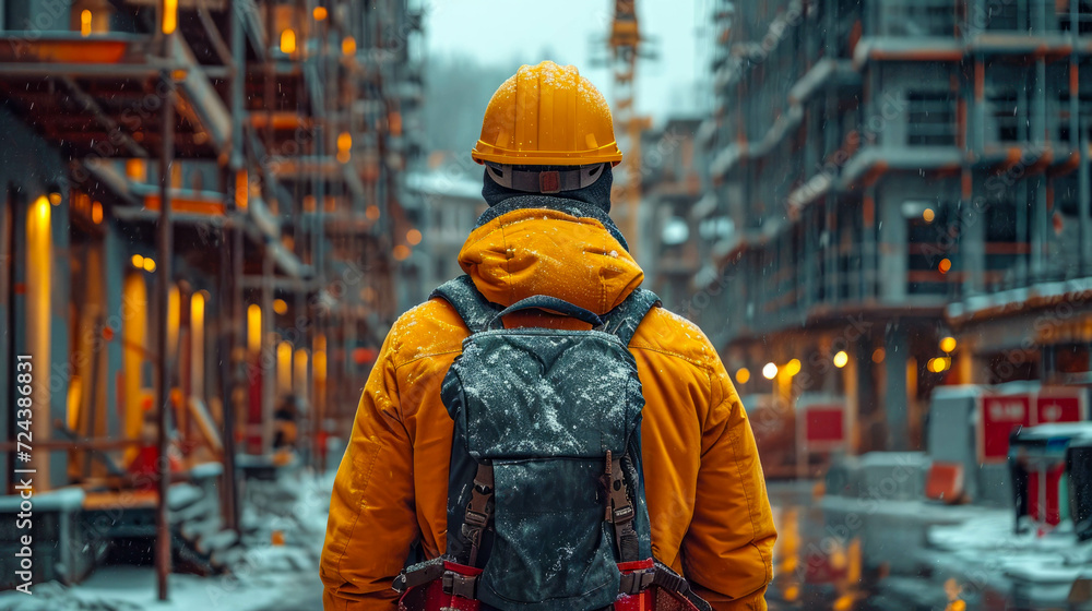 Poster back view of a construction worker in a hard hat and reflective jacket standing on the background of