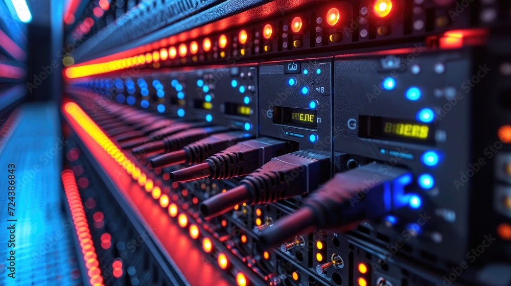 Poster close up of network cables in data center with colorful lights