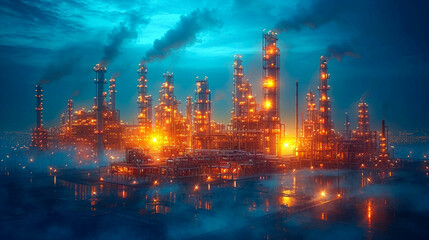 Oil refinery and petrochemical plant at sunset