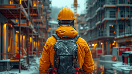 Back view of a construction worker in a hard hat and reflective jacket standing on the background of a building under construction
