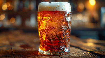 Glass of beer with ice on a wooden table in a pub - obrazy, fototapety, plakaty