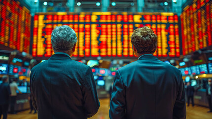 Fototapeta premium Stock exchange trading. Rear view of two businessmen looking at the stock exchange