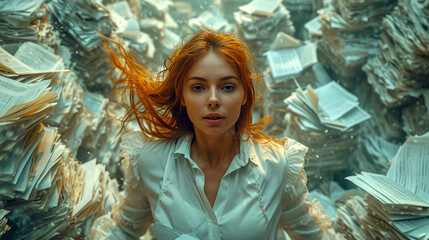 Young woman is surrounded by piles of crumpled papers. Recycling concept