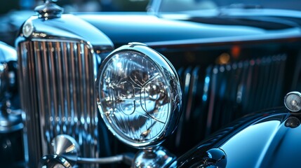 A closeup of the vintage cars distinctive headlight featuring a unique and elegant shape that sets...