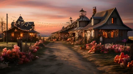 Foto op Plexiglas Beautiful sunset in the garden with wooden houses and pink tulips © Iman