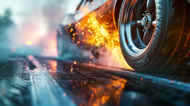 A closeup of a drag racers burned rubber tires as they peel out at the starting line.