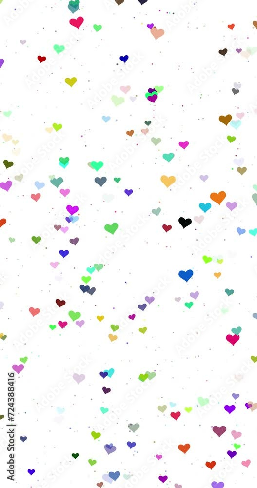 Poster colourful small heart symbols loop motion on clean white vertical background.