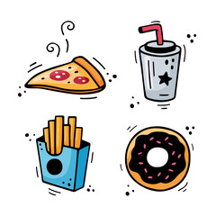 Fast food icons set - Pizza, French fries, beverage, chocolate donut. Hand drawn fast food combination. Comic doodle sketch style. Colorful snacks drawn with felt tip pen. Vector illustration