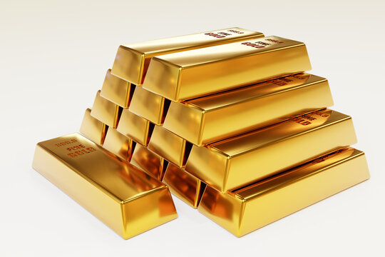 Stack close-up Gold Bars, weight of Gold Bars Concept of wealth and reserve. Concept of success in business and finance, White background 3d rendering