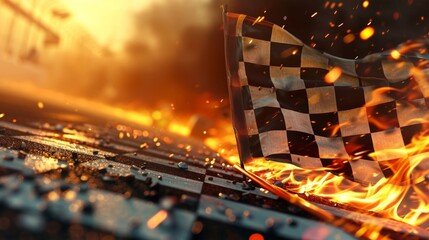A closeup of the checkered flag being waved by the flagman signaling the final lap and igniting a...